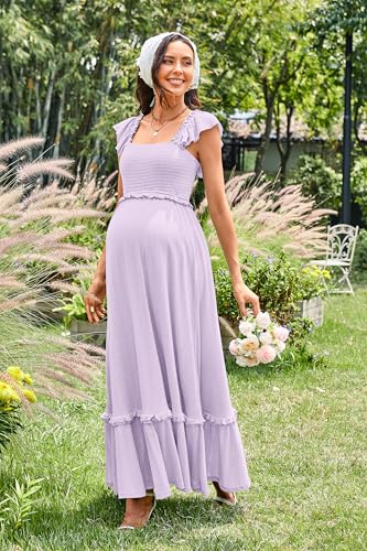 OUGES Women's Ruffle Sleeve Summer Baby Shower Maternity Photoshoot Dress - color: Purple, size: Small