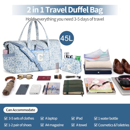 Personalized Quilted Duffle Bag for Travel Gym Weekender Hospital Carry On - color: Blue Flower, size: C