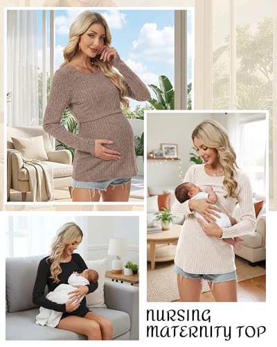 Cutecrop 3 Pack Women Maternity Tops Long Sleeve Pregnancy Shirts Double Front Layer Nursing Breastfeeding Postpartum Clothes - color: Black/Khaki/Coffee, size: Large