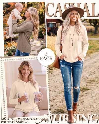Ficerd 2 Pack Women's Nursing Waffle Hoodies Breastfeeding Tops - color: Cream, Coffee, size: Large