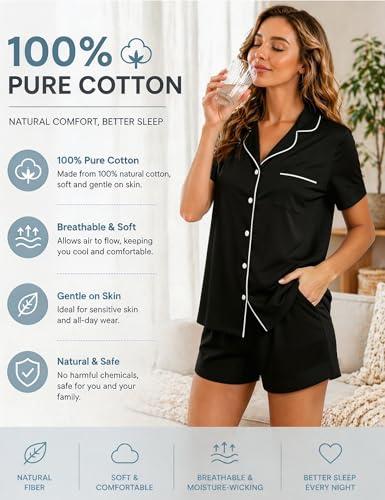 SWOMOG 100% Cotton Pajamas for Women Set, 2 Pieces Button Down Pjs Set, S-XXL - color: Black, size: Medium