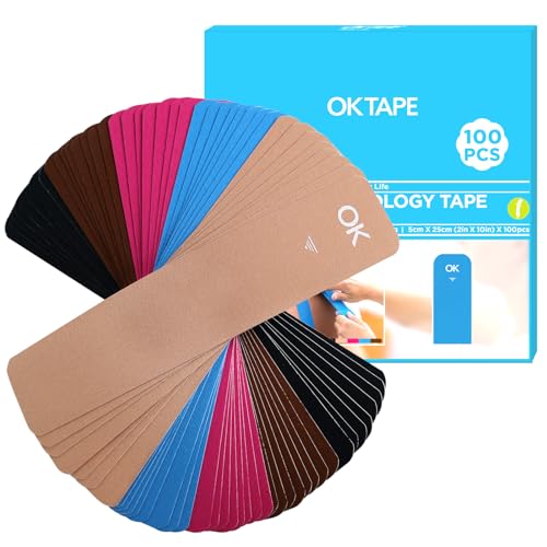 OK TAPE 100Pcs Precut Kinesiology Tape Strips, Elastic Athletic Tape - color: Mixed