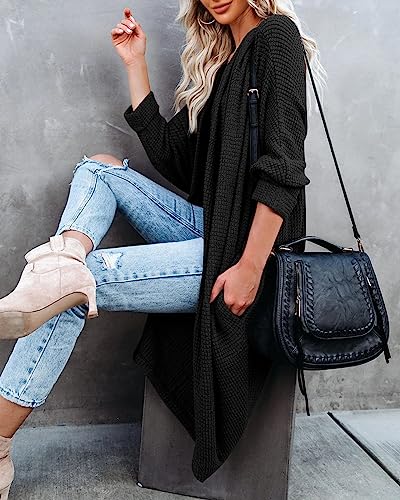 Womens Open Front Knit Cardigan Long Batwing Sleeve Oversized Sweater Chunky Waffle Cable Boho Pockets Coat - color: Black, size: X-Large