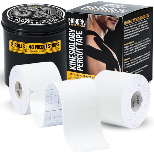 Bighorn Athletics Precut Kinesiology Tape with Tin, 40 Strips 2"×10", White - color: White