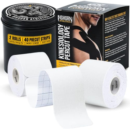 Bighorn Athletics Precut Kinesiology Tape with Tin, 40 Strips 2"×10", White - color: White