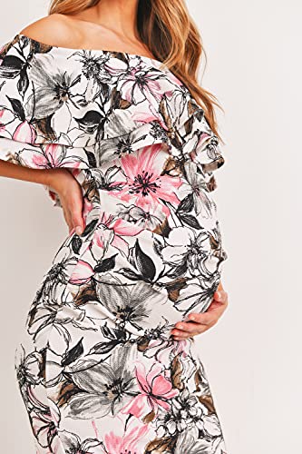 LaClef Women's Off Shoulder Maternity Dress with Double Ruffle - color: Cream / Pink Flower, size: Large