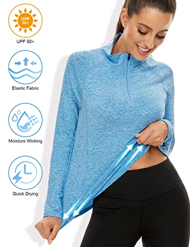 LURANEE Womens UPF 50+ Long Sleeve 1/4 Zip Pullover Athletic Hiking Running Workout Tops - color: Blue, size: Small