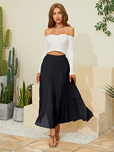 NASHALYLY Women's Chiffon Elastic High Waist Pleated A-Line Maxi Skirts - color: Black, size: Medium