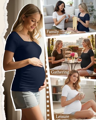 Huukeay 4 Pack Women's Short Sleeve Maternity Shirts - color: Black, Navy Blue, Brown, White, size: Medium