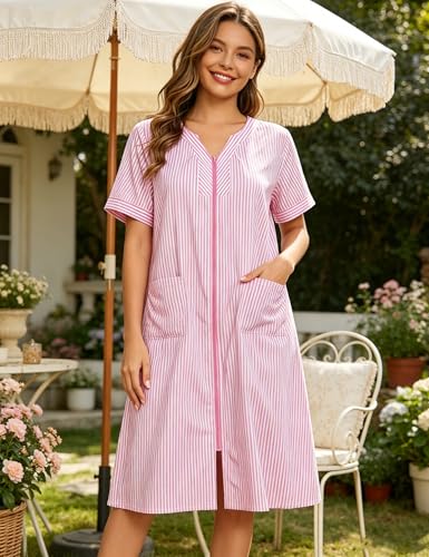 YOZLY House Dresses for Women Zipper Front Housecoat Lightweight Duster Robe with Pockets - color: Stripe Pink, size: Large