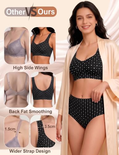Wireless Pullover Sleep Bras for Women Seamless No Underwire T Shirt Bra - color: Black Polka Dot, size: Medium