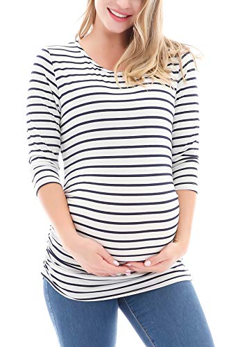 Smallshow Women's Maternity Tunic Shirts 3/4 Sleeve Ruched Pregnancy Tops - color: White Stripe-army Green-wine(3 Pack), size: Large