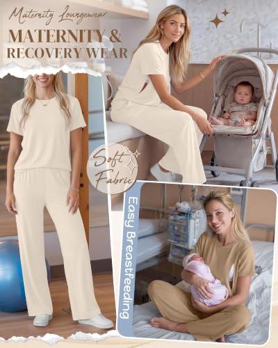 Ficerd 2 Pack Maternity Nursing Pajama Breastfeeding Sets Pjs - color: Cream, Apricot, size: XX-Large