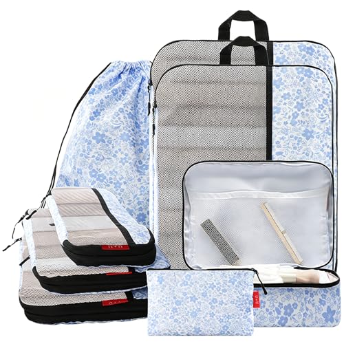 U+U 8 Set Compression Packing Cubes, Travel Organizers (Blue Flower) - color: Blue Flower, size: 8 Set