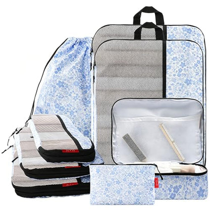 U+U 8 Set Compression Packing Cubes, Travel Organizers (Blue Flower) - color: Blue Flower, size: 8 Set