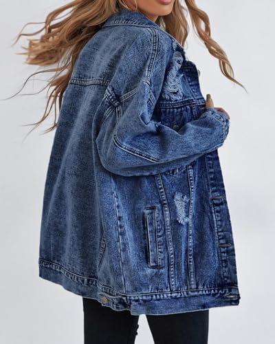 LifeShe Women's oversized Jean Jacket distressed denim Coat with Pockets - color: Deep Blue, size: X-Large