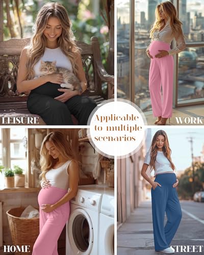 3 Pack Women's Maternity Lounge Pants with Pockets - color: Black, Blue, Pink, size: Large