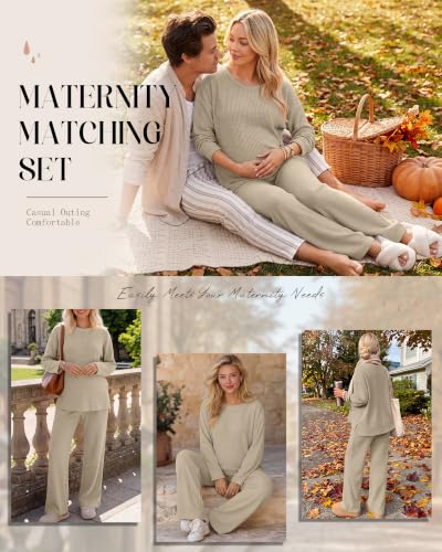 Huukeay Women's Maternity 2 Piece Waffle Outfits Lounge Set - color: Apricot, size: Medium