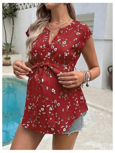 MakeMeChic Women's Maternity Blouse V Neck Cap Sleeve Belted Summer Shirt - color: Burgundy, size: Medium