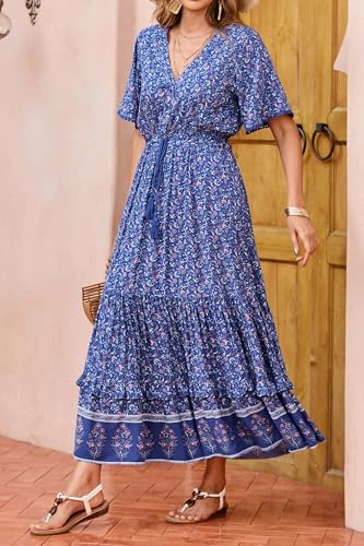 R.Vivimos Womens Summer V Neck Floral Print Boho Midi Dress - color: Blue, size: X-Large