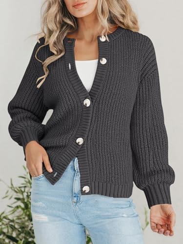 PRETTYGARDEN Women's Chunky Knit Button Up Cardigan Sweaters Outerwear - color: Grey, size: Large