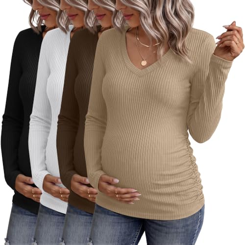 4 Pack Women's Maternity Shirts - color: Khaki, Coffee, White, Black, size: XX-Large