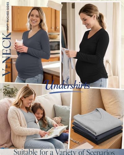3 Pack Women Maternity Shirts Scrub Tops Side Ruched - color: Black, Dark Gray, Light Heather Gray, size: X-Large