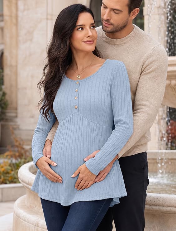 Genhoo Womens Maternity Tops Long Sleeve Maternity Shirts Henley Clothes - color: Light Blue, size: Small