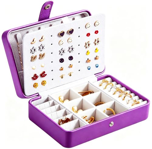 QBestry All-in-One Travel Jewelry Organizer for Women Purple | Small Jewelry Box with 68 Earring Holes | Compact Portable Jewelry Case for Earrings, Rings, Necklaces | Perfect Gifts for Mom Wife Girls - color: Purple, size: Small