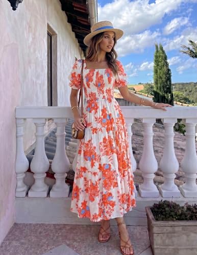 ZESICA Womens 2026 Summer Boho Floral Ruffle Maxi Dress - color: Tangerine, size: Small