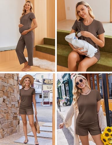 Ekouaer Maternity Nursing Pajamas Set 3 Piece Postpartum Breastfeeding Pjs - color: Brown, size: Medium