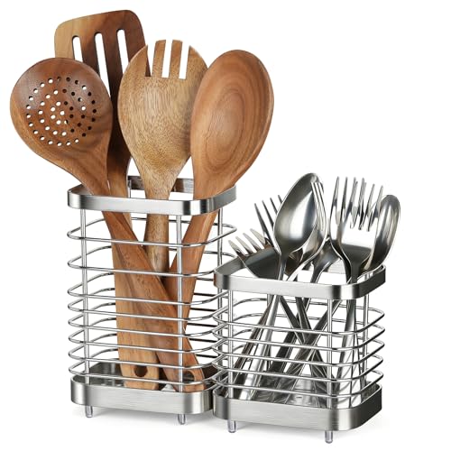 Utensil Holder, Stainless Steel Utensil Drying Rack for Kitchen Counter - color: Small+Large, Silver