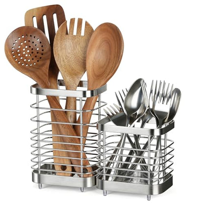 Utensil Holder, Stainless Steel Utensil Drying Rack for Kitchen Counter - color: Small+Large, Silver