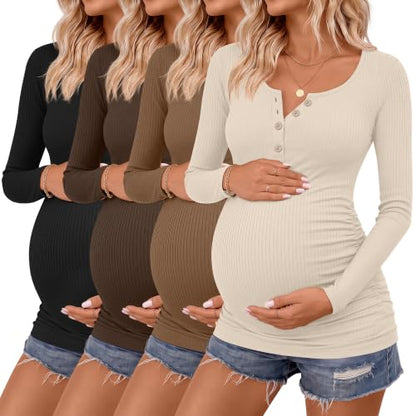 4 Pack Maternity Long Sleeve Shirts Pregnancy Tops - color: Black, Coffee, Brown, Apricot, size: Medium
