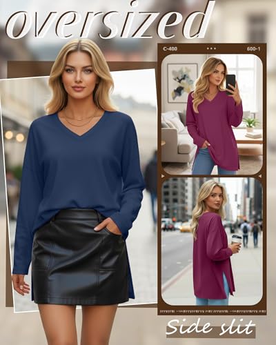 Huukeay 3 Pack Women's Oversized Long Sleeve V Neck Shirts - color: Black, Navy Blue, Fuchsia, size: Medium