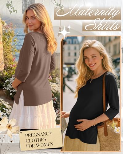 3 Pack Women's 3/4 Sleeve Maternity Loose Crewneck Tops - color: Gray Green, Coffee, Black, size: X-Large