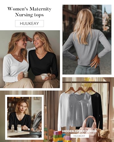 Huukeay 3 Pack Maternity Nursing Tops Breastfeeding Shirts - color: Black, Gray, White, size: Large