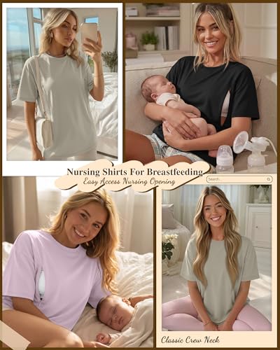 Riyiper 3 Pack Women's Nursing Short Sleeve Shirts - color: Cement Gray, Gray Purple, Black, size: Small