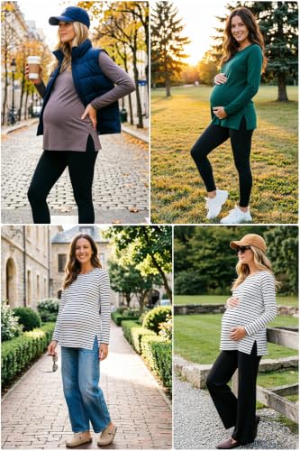 Women's Maternity Shirts Short Sleeve Split Hem Pregnancy Tops Clothes - color: Brown, size: X-Large
