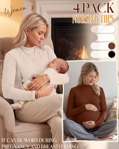 Huukeay 4 Pack Women's Long Sleeve Waffle Nursing Shirts - color: Apricot, Oatmeal, Brown, Black, size: Large