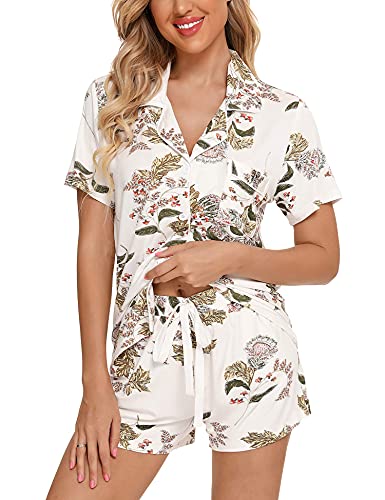 Anjue Womens Pajamas Set Short Sleeve Button Down Soft Pj Sets S-XXL - color: A.maple, size: Large