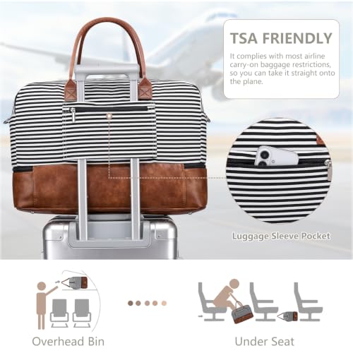 Large Women Travel Weekender Bag: Carry on Duffle with Shoe Compartment - color: Black Striped Basic
