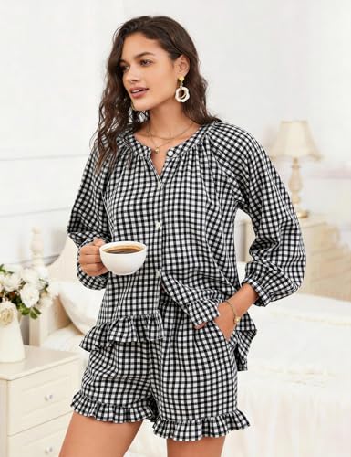 Flygo Womens Gingham 2 Piece Pajama Sets Y2K Cotton Ruffle Short Sets - color: Black, size: Large