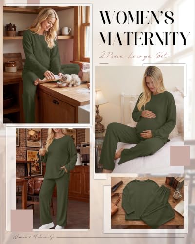 Huukeay Women's Maternity 2 Piece Waffle Outfits Lounge Set - color: Army Green, size: Small