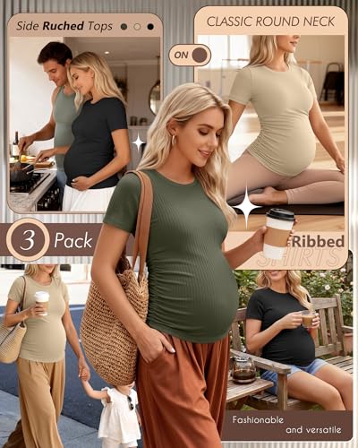 Ficerd 3 Pack Women's Short Sleeve Maternity Shirts - color: Black, Light Army Green, Khaki, size: Large