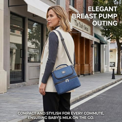 Breast Pump Bag with 2 Ice Packs Insulated Tote with Shoulder Strap - color: Blue
