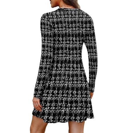 OFEEFAN Fall Dresses for Women 2026 Long Sleeve Crew Neck Sweater Dress - color: Black Plaid, size: Medium