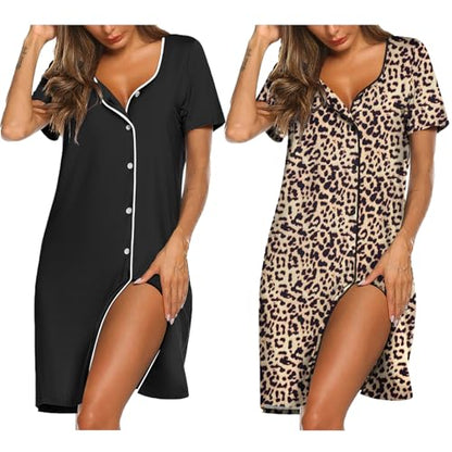Ekouaer Nightgowns for Women 2 Pack Night Gowns Button Down Sleep Shirts - color: Black/Brown Leopard, size: Medium