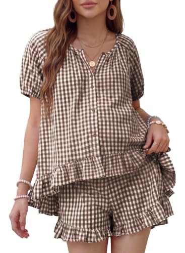 BLENCOT Maternity Clothes 2 PCS Gingham Cotton Pregnancy Pajamas Short Sets - color: Brown, size: Medium