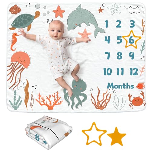 Ocean Baby Monthly Blanket for Girls, Newborn Month Blanket, Soft Flannel Photography Background Prop, Personalized Shower Gift, Ocean